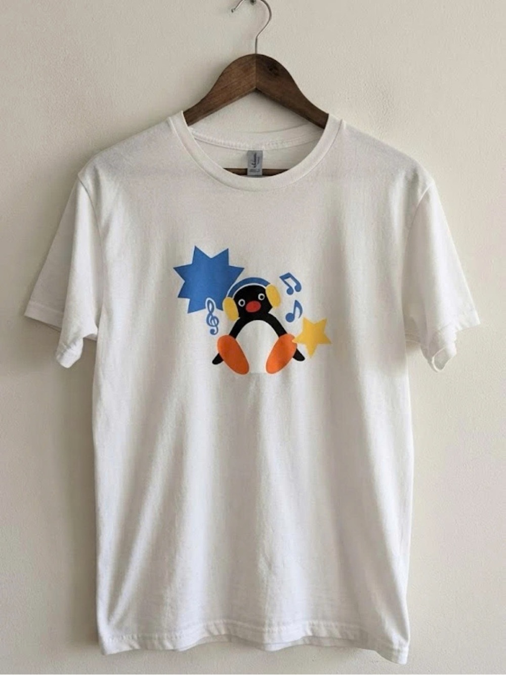 Gildan White Tee with Blue & Yellow Star Penguin Graphic | Unisex Shirt